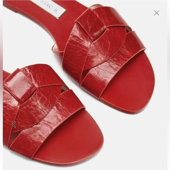 Zara Genuine Leather Red Crossover Slide Sandal Slipper Flat Shoes 37 / 6.5 NWT - Picture 5 of 13